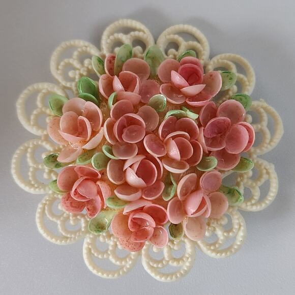 Celluloid Filigree Brooch w Pink Sea Shell Roses c. 1930s over 2" Spring Flowers - Picture 6 of 8